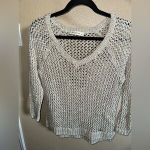 Beige and Gold A&F V-Neck Open Knit Sweater